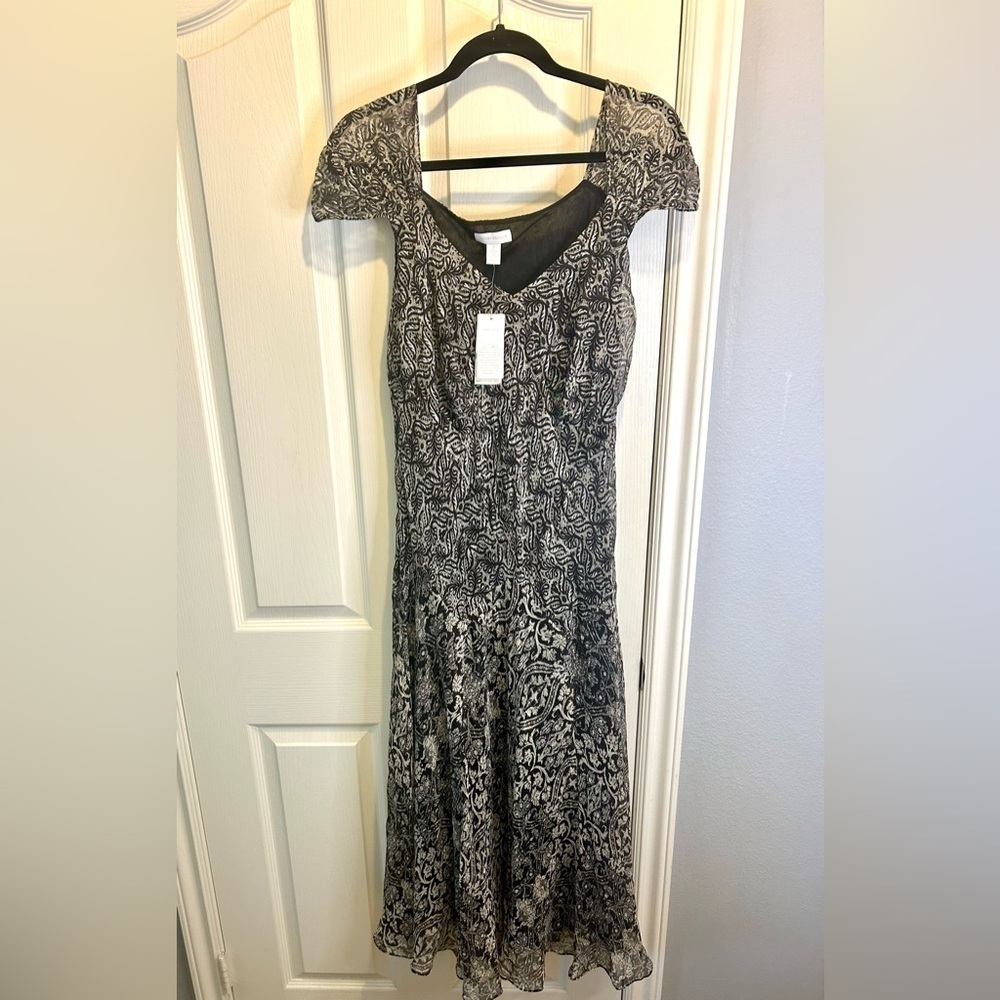 🩶NWT “Charter Club” 100% Silk Black Metallic Silver Maxi Dress Size 16🖤